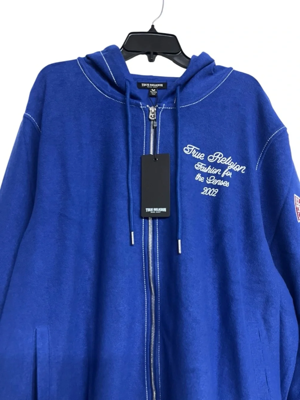 NWT True Religion Reverse Terry Blue‎ Zip-Up Hoodie with Embroidered Details 3X